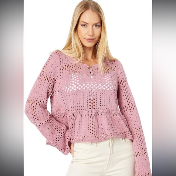 Lucky Brand women’s sweater Large pink knit peplum open stitch long sleeve soft - Picture 1 of 8